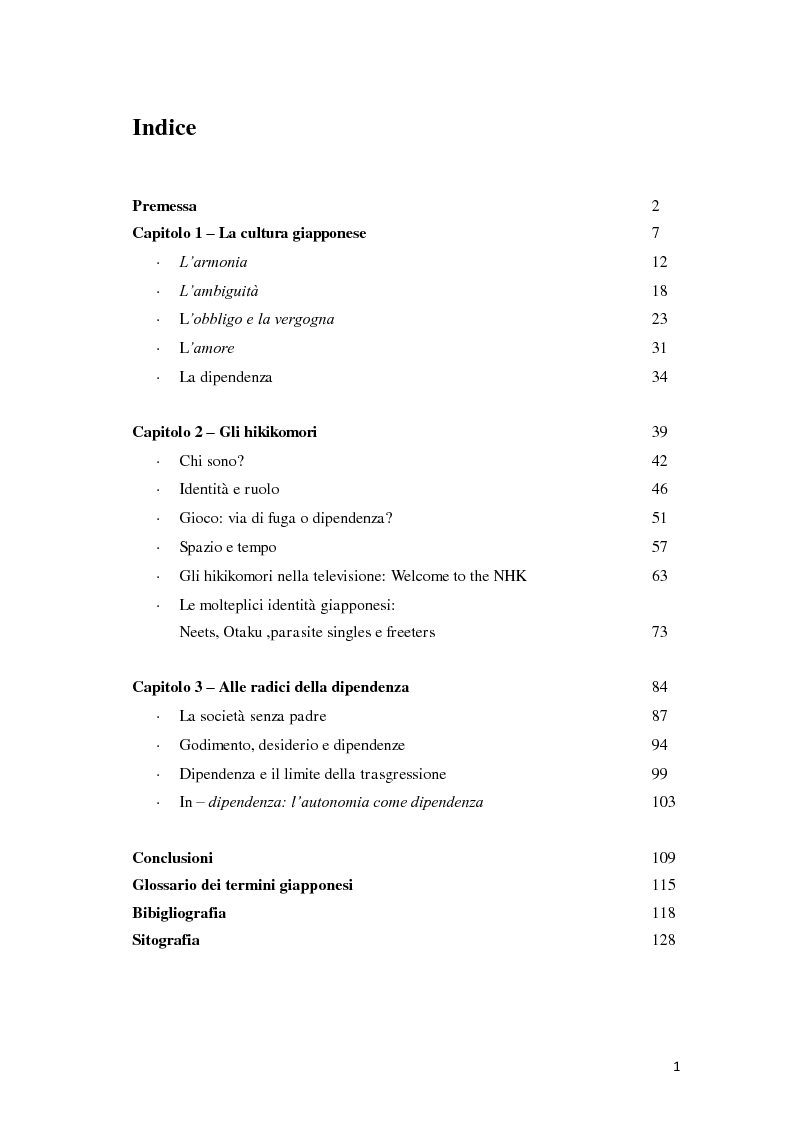 Indice della tesi: Hikkikomori: dipendenza e cultura giapponese, Pagina 1