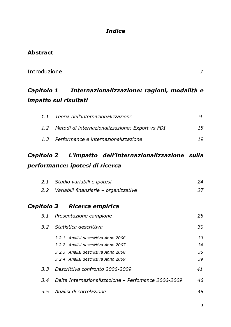 Indice della tesi: Internazionalizzazione e performance nelle aziende manifatturiere italiane quotate, Pagina 1