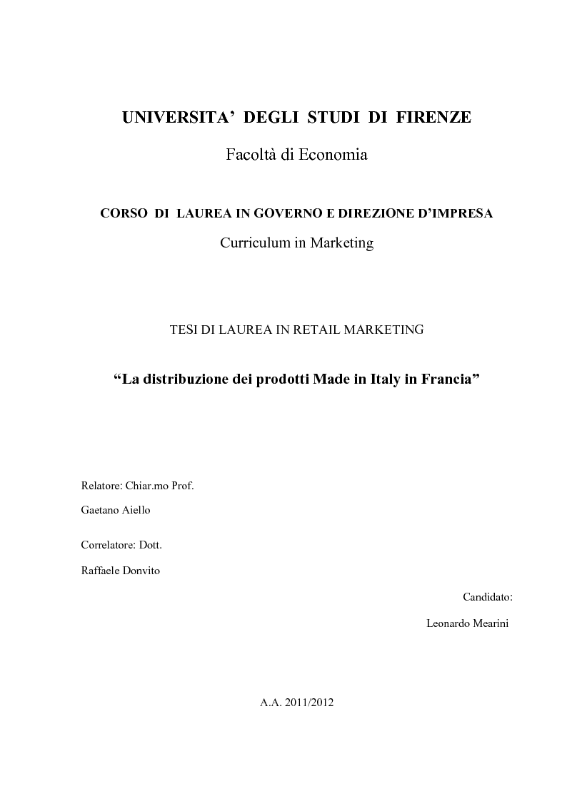 Anteprima della tesi: La distribuzione dei prodotti Made in Italy in Francia, Pagina 1