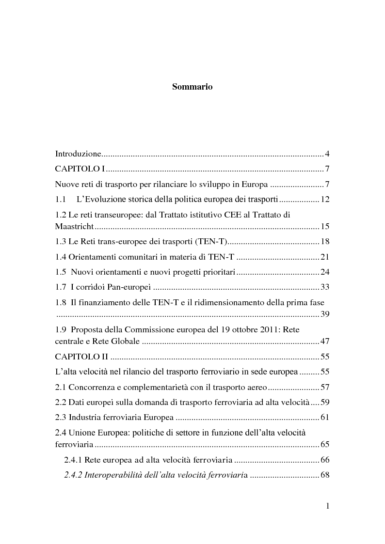 Indice della tesi: L'alta velocità ferroviaria nei Corridoi europei di trasporto, Pagina 1