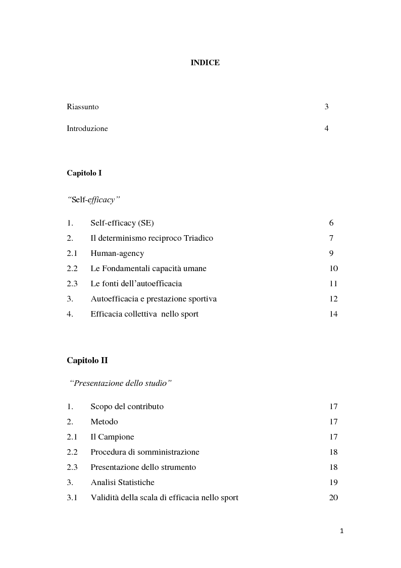 Indice della tesi: Validità di uno strumento per la misura dell'autoefficacia nello sport, Pagina 1