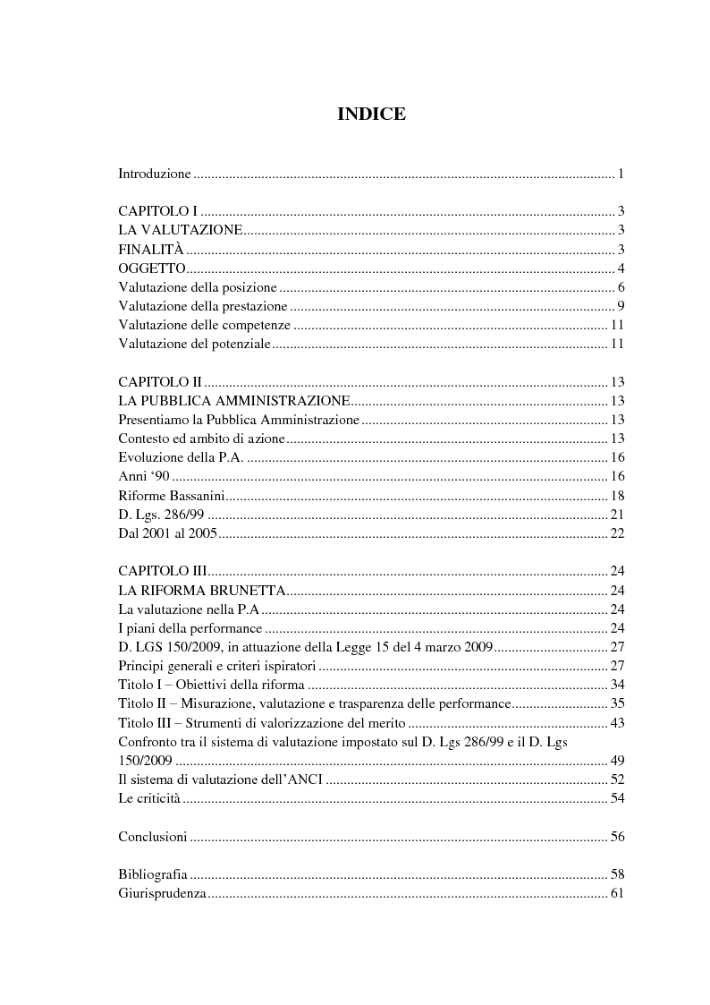Indice della tesi: La valutazione del personale nel processo di modernizzazione della Pubblica Amministrazione, Pagina 1
