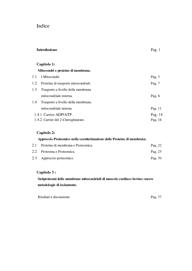Indice della tesi: Subproteomi delle membrane mitocondriali di muscolo cardiaco bovino: nuove metodologie di isolamento, Pagina 1