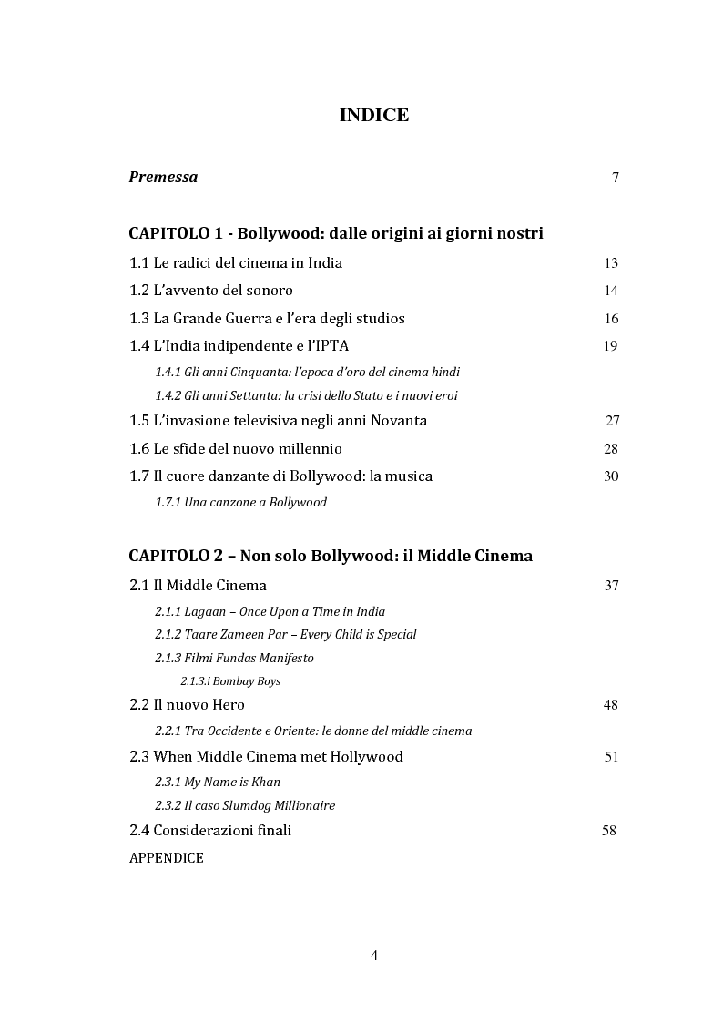Indice della tesi: Oltre i Confini di Bollywood: middle cinema, diaspora e i rapporti con l'Italia, Pagina 1