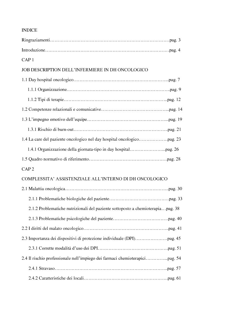 Indice della tesi: Identificazione del ruolo, funzioni e responsabilità dell'infermiere in day hospital oncologico, Pagina 1