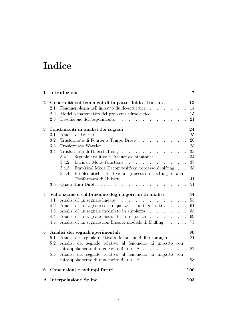 Indice della tesi: Confronto tra Analisi Wavelet e HHT per i fenomeni di impatto fluido-struttura, Pagina 1