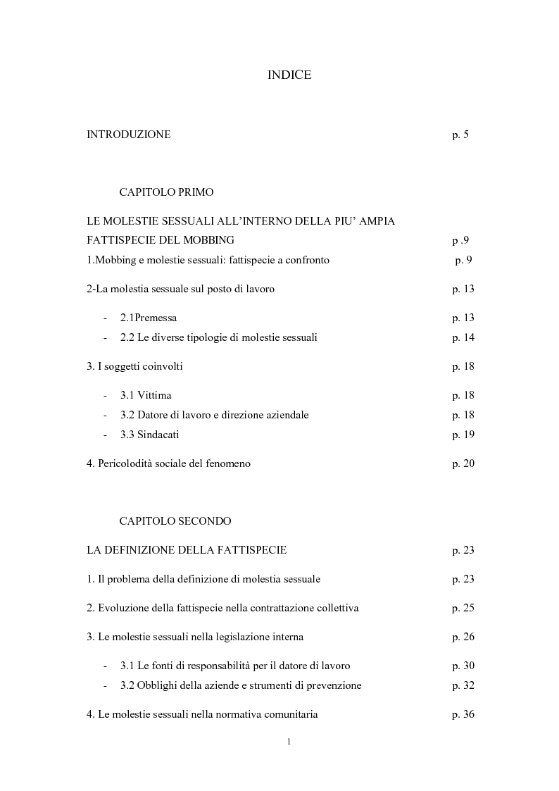 Indice della tesi: Le molestie sessuali sul luogo di lavoro, Pagina 1
