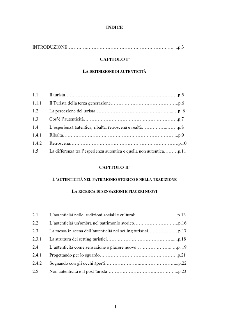 Indice della tesi: L' Autenticità nel Turismo, Pagina 1