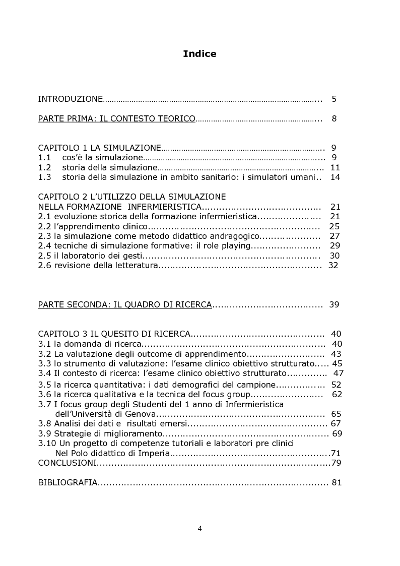 Indice della tesi: L'utilizzo della simulazione nella formazione infermieristica, Pagina 1
