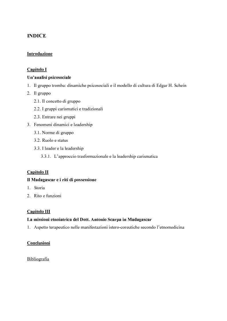Indice della tesi: Aspetti terapeutici e sociali della possessione Tromba del Madagascar, Pagina 1