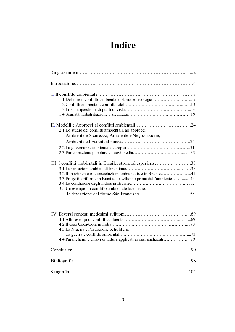 Indice della tesi: I conflitti ambientali, l'approccio brasiliano tra sviluppo e contraddizione, Pagina 1