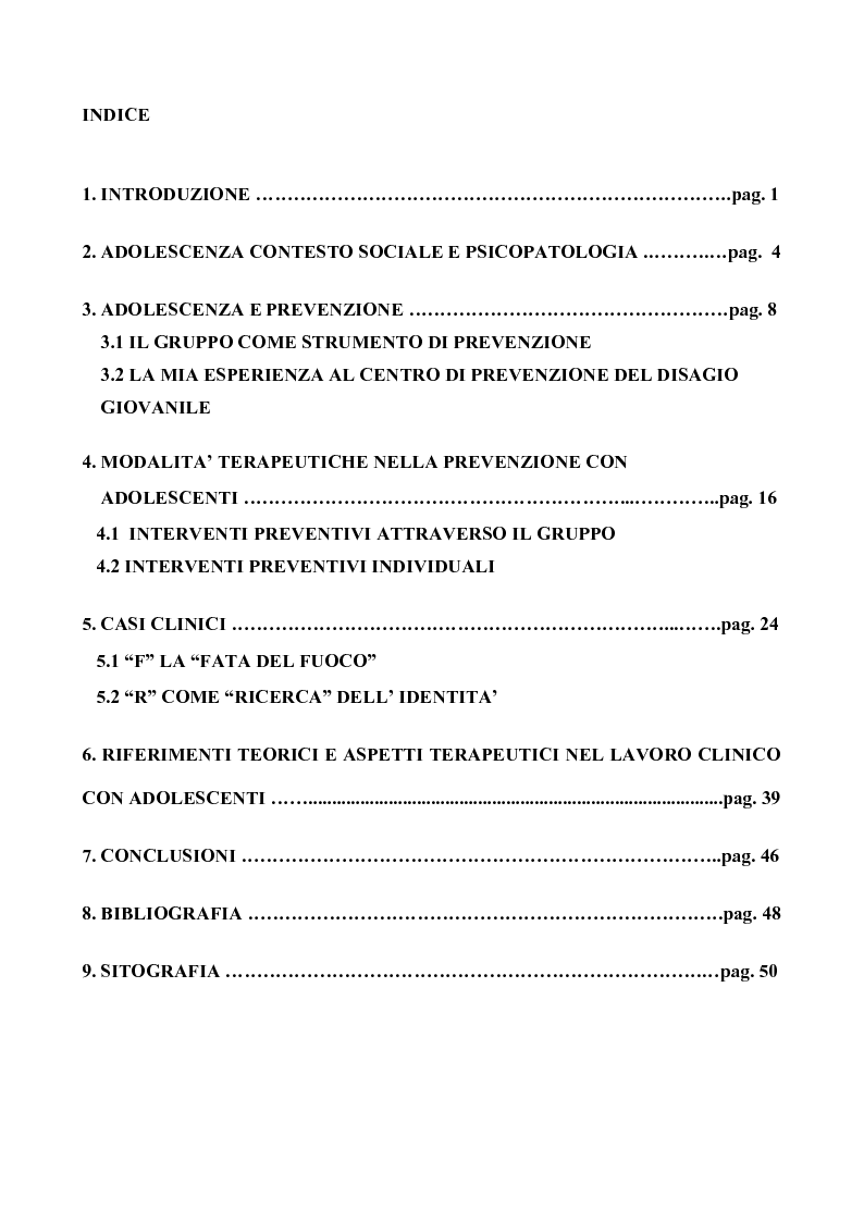 Indice della tesi: Espressione del disagio di vita in adolescenza. Nuove forme in nuove condizioni culturali, Pagina 1