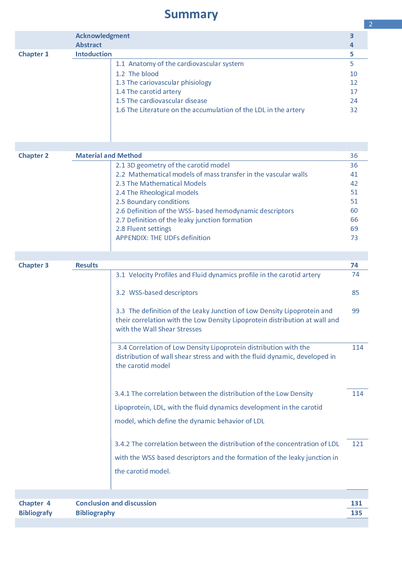 Indice della tesi: The Transport of Low Density Lipoprotein in the human carotid model, Pagina 1