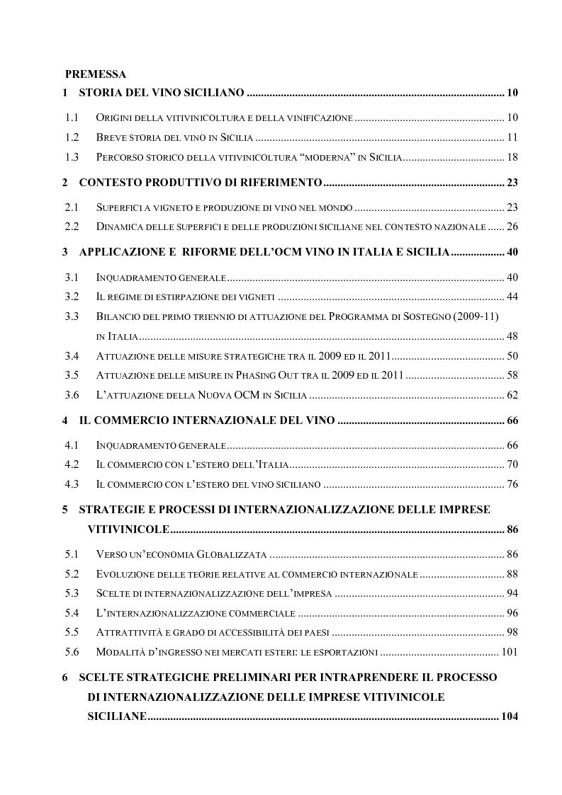 Indice della tesi: La vitivinicoltura siciliana nel contesto nazionale ed internazionale: analisi dei principali aspetti strutturali, commerciali ed organizzativi, Pagina 1
