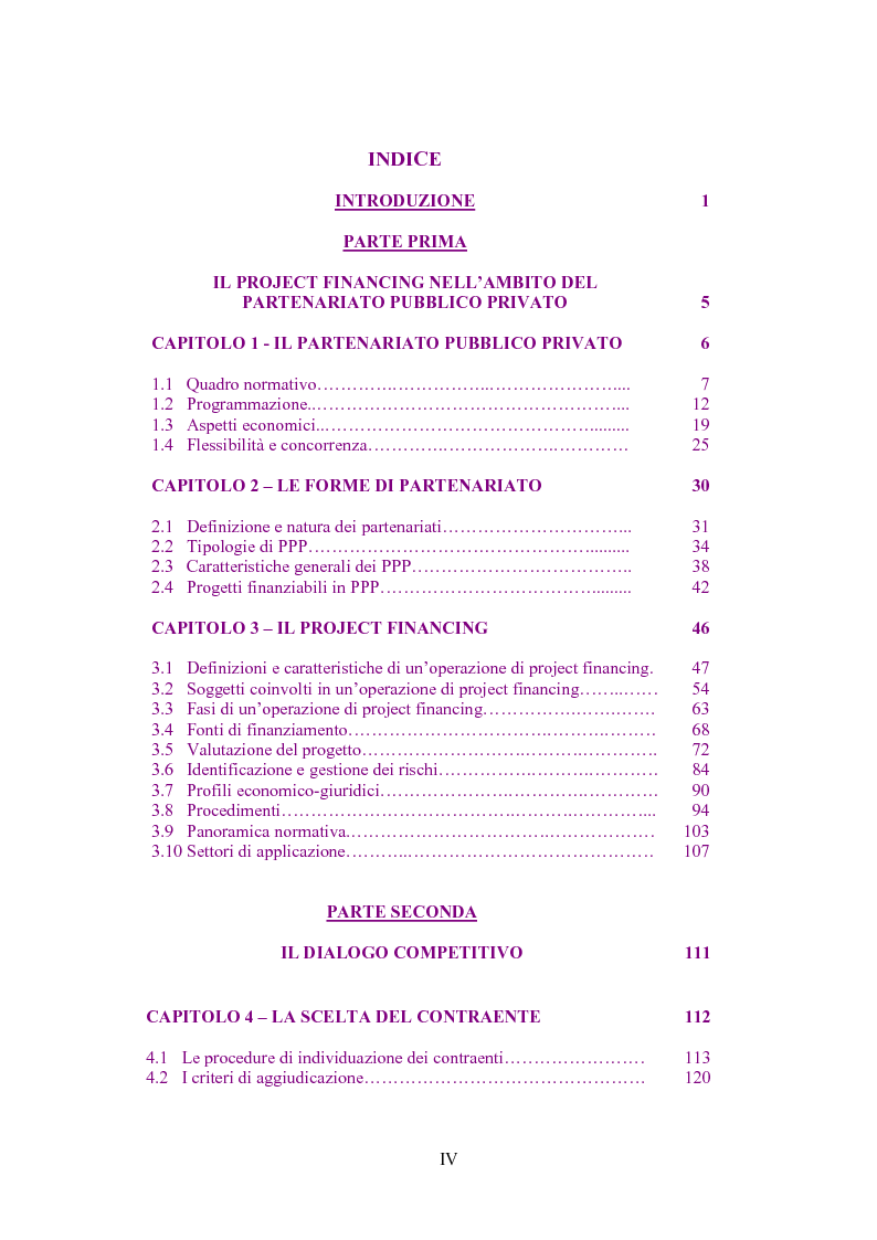 Indice della tesi: Il partenariato pubblico privato: dal project financing al dialogo competitivo, Pagina 1