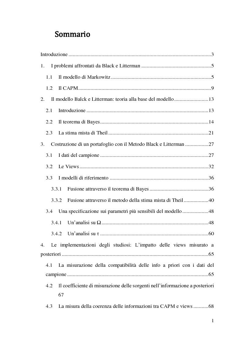 Indice della tesi: Il modello Black e Litterman, Pagina 1