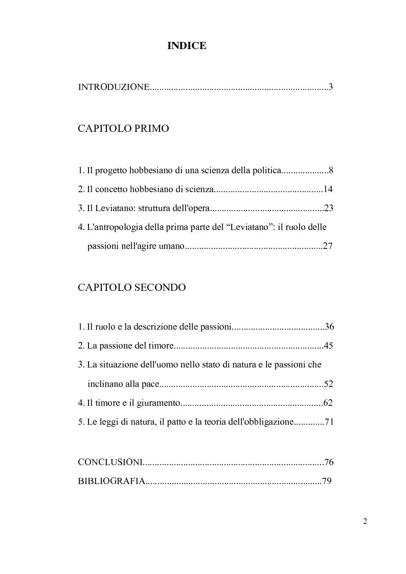 Indice della tesi: Patto civile e passioni nel Leviathan di Thomas Hobbes. Il caso del timore, Pagina 1