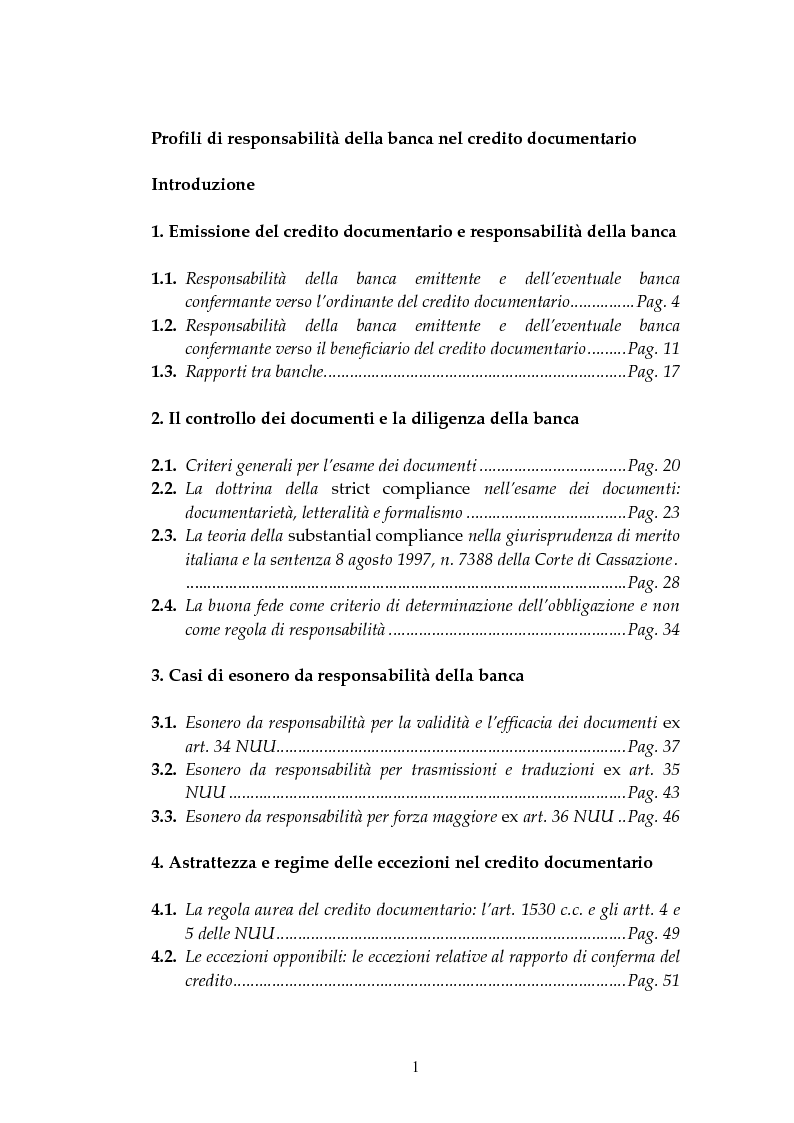 Indice della tesi: Profili di responsabilità della banca nel credito documentario, Pagina 1