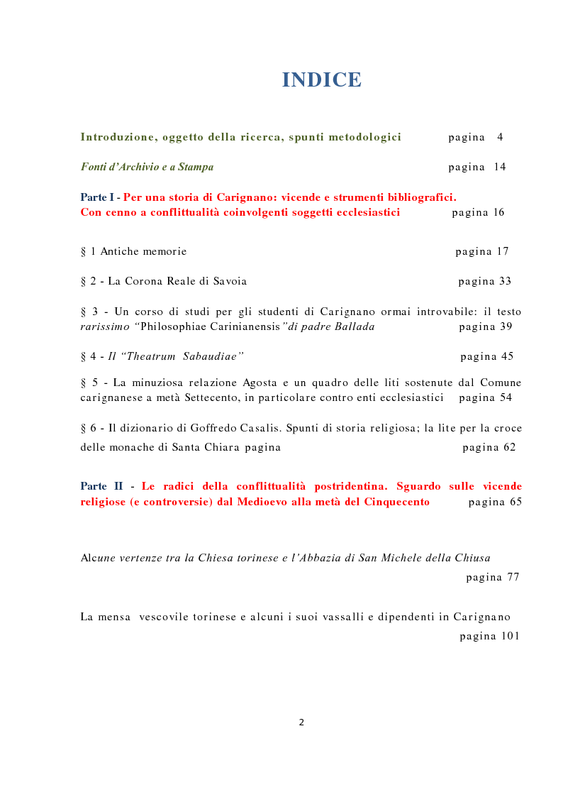 Indice della tesi: Aspetti del diritto ''ecclesiastico'' in Carignano in età moderna, Pagina 1