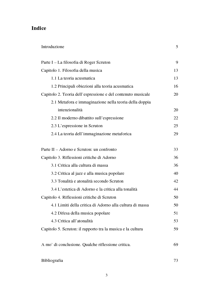 Indice della tesi: Adorno e Scruton. Un confronto critico sul significato dell'esperienza musicale., Pagina 1