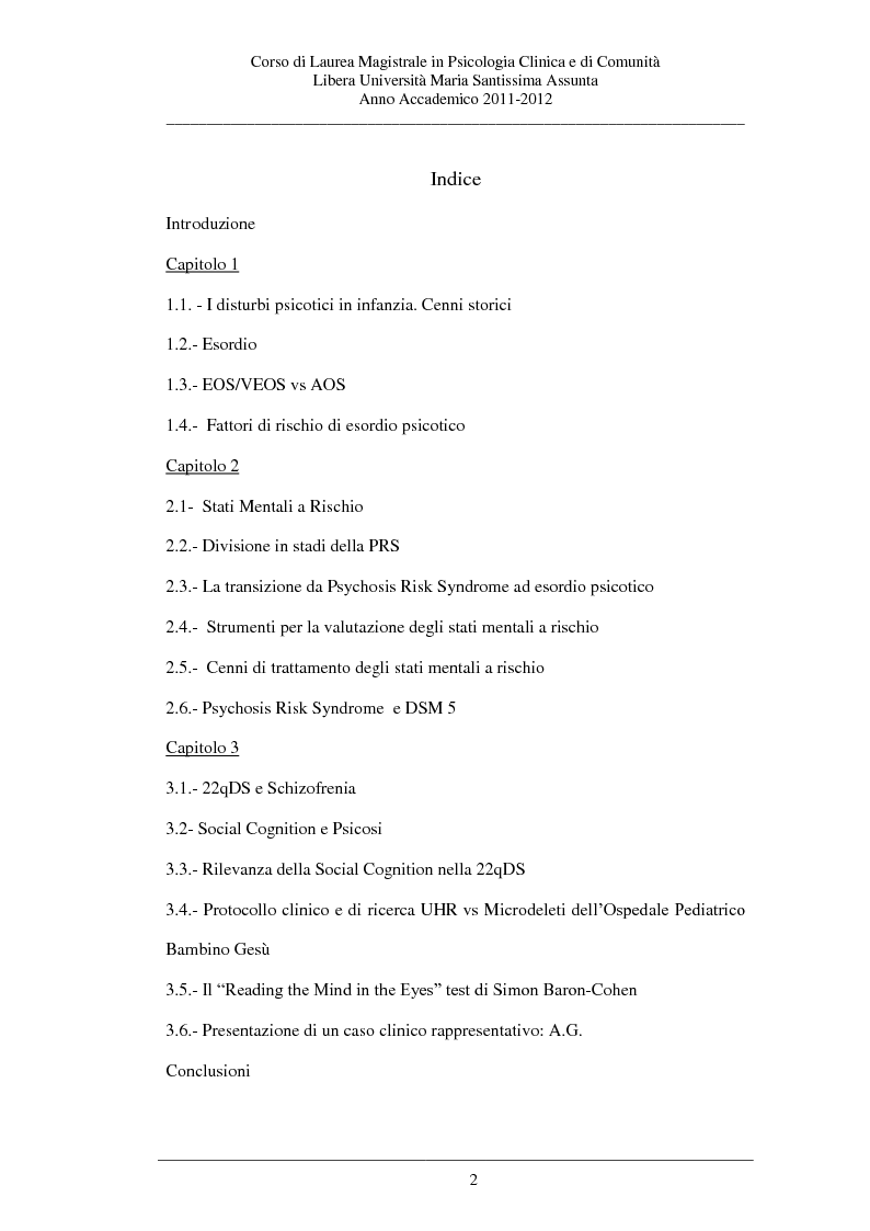 Indice della tesi: La Social Cognition nella 22q11DS: Rilevanza per la psicosi?, Pagina 1