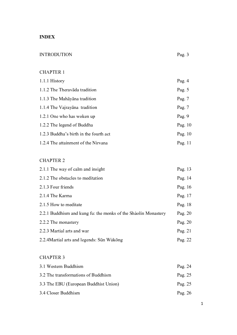 Indice della tesi: Buddhism and the quest for entlightenment - Le Bouddhisme et la recherche de la connaissance, Pagina 1
