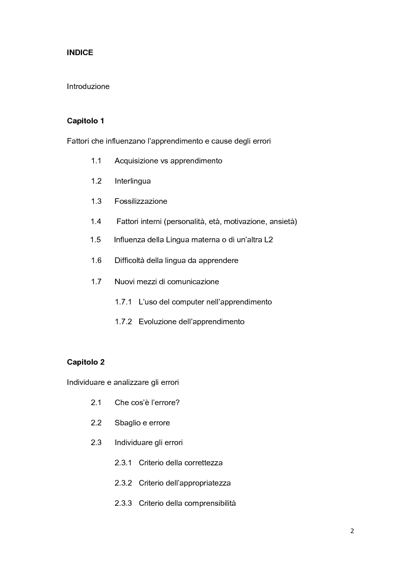 Indice della tesi: Gli errori nell'apprendimento delle lingue straniere, Pagina 1