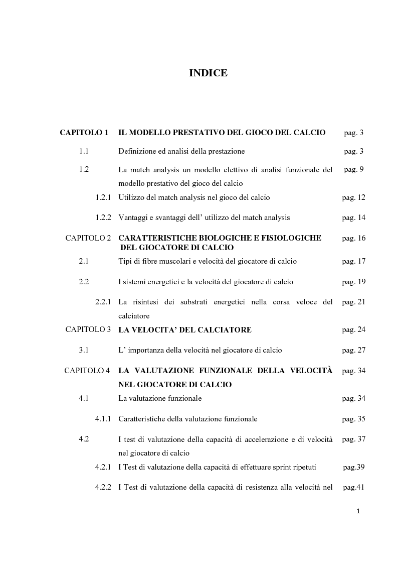 Indice della tesi: Metodi di valutazione della velocità di corsa nel gioco del calcio, Pagina 1