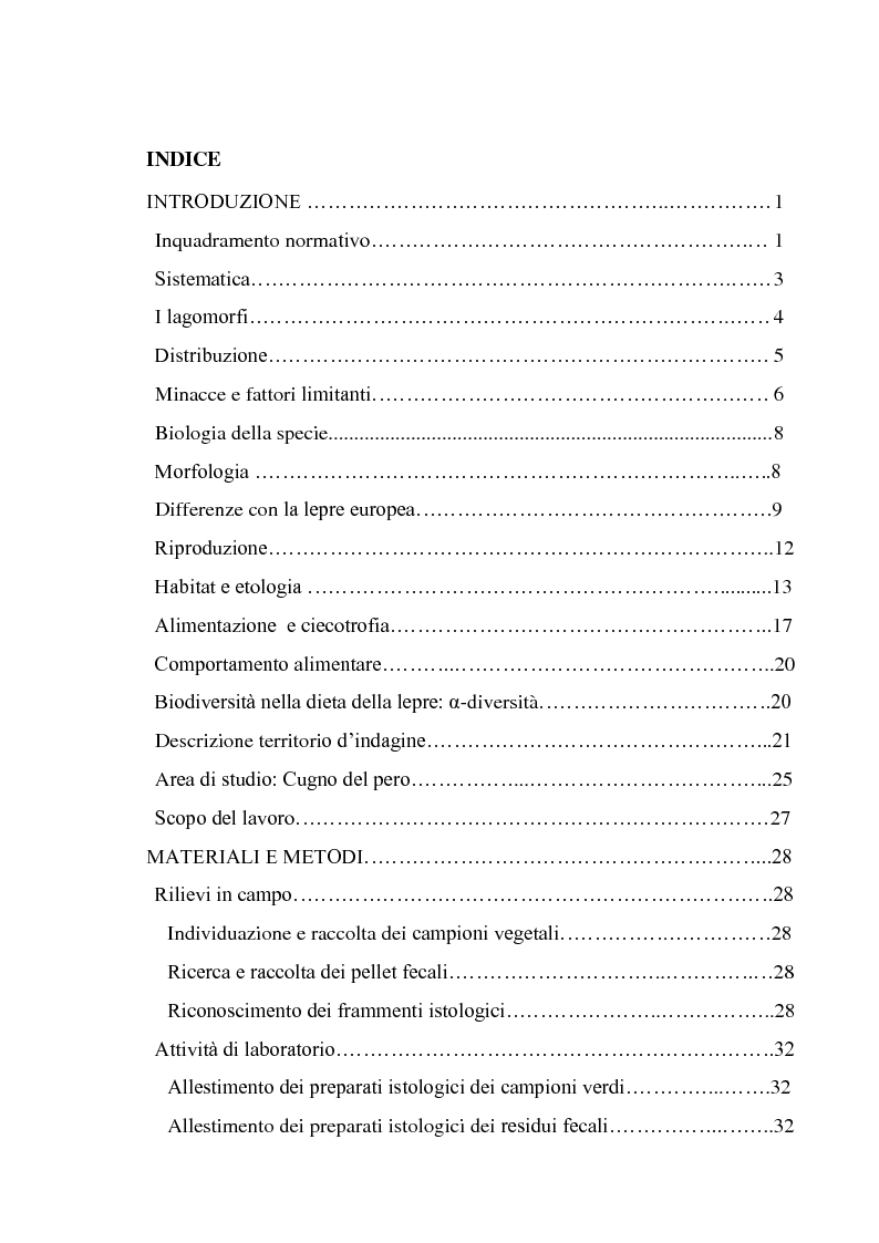 Indice della tesi: Studio della Biodiversità delle specie vegetali componenti la dieta di Lepre Italica in un ecosistema dell'Appennino Meridionale, Pagina 1