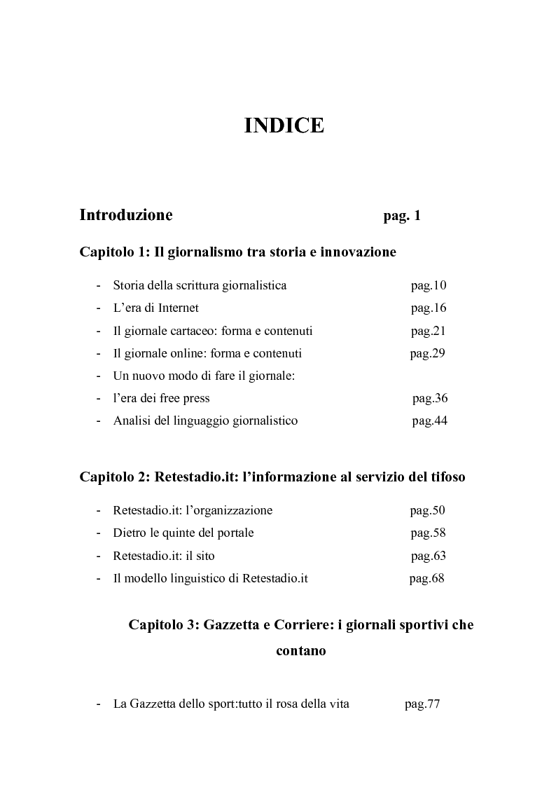 Indice della tesi: L'evoluzione del linguaggio giornalistico nel settore dello sport, Pagina 1