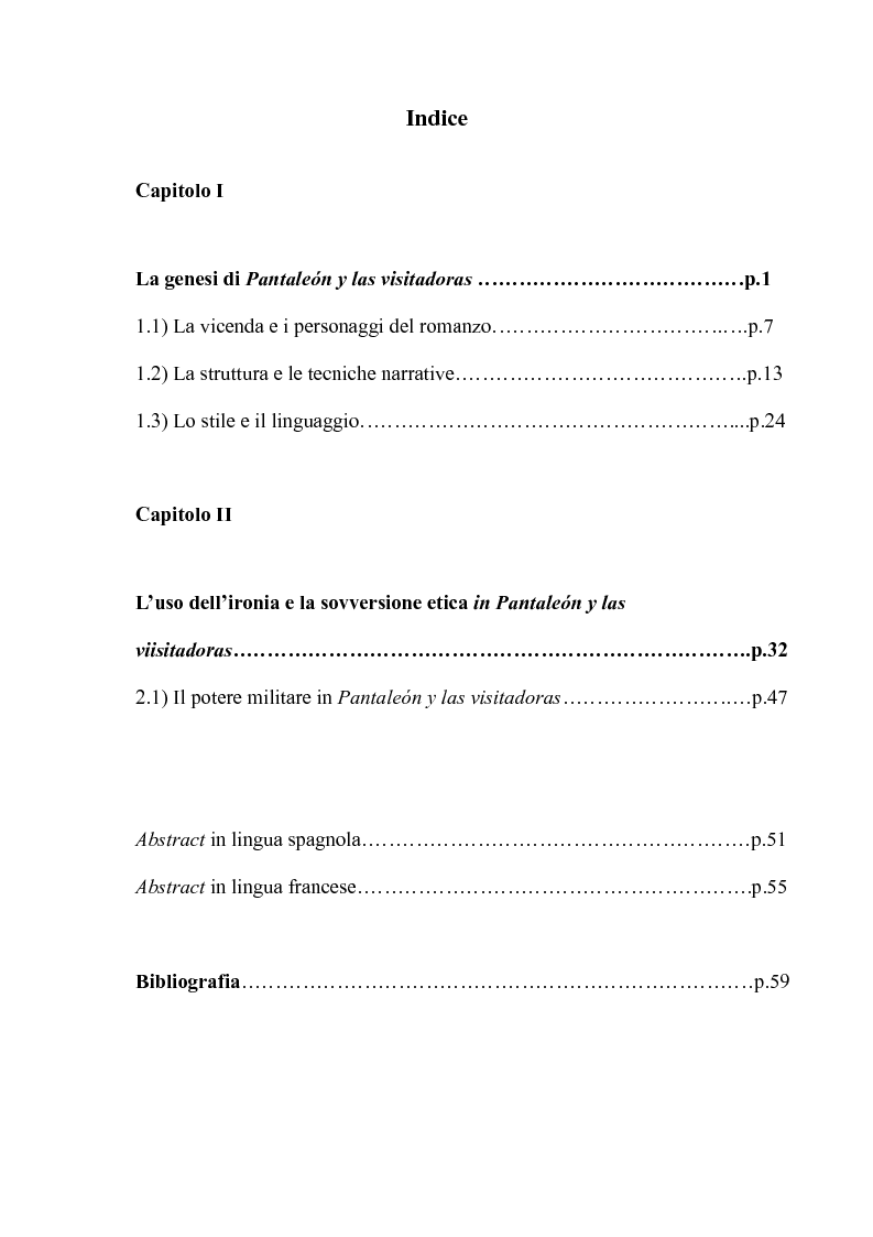 Indice della tesi: ''Pantaleón y las visitadoras'' di Mario Vargas Llosa : una denuncia ironica, Pagina 1