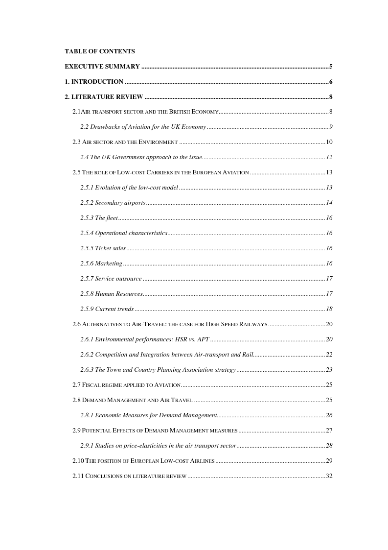Indice della tesi: Potential effects of tighter fiscal regime applied to Air Passenger Transport: the case for the European low-cost airlines, Pagina 1