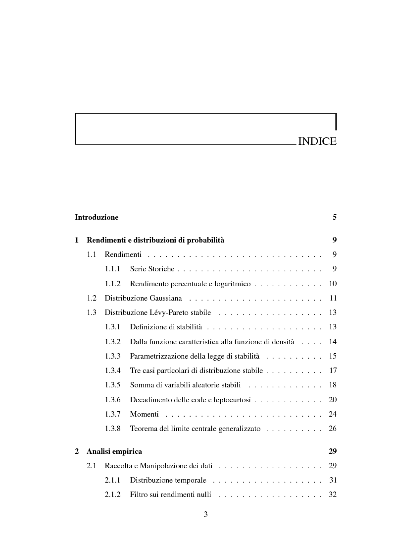 Indice della tesi: Distribuzioni Lévy-Pareto stabili e loro impiego nel modellare rendimenti di titoli azionari americani. Analisi dei cluster., Pagina 1