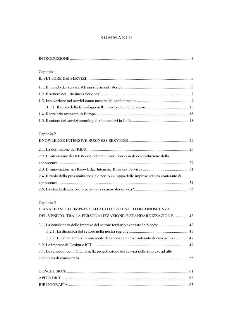 Indice della tesi: Le imprese di servizi ad alto contenuto di conoscenza: tra Personalizzazione e standardizzazione, Pagina 1