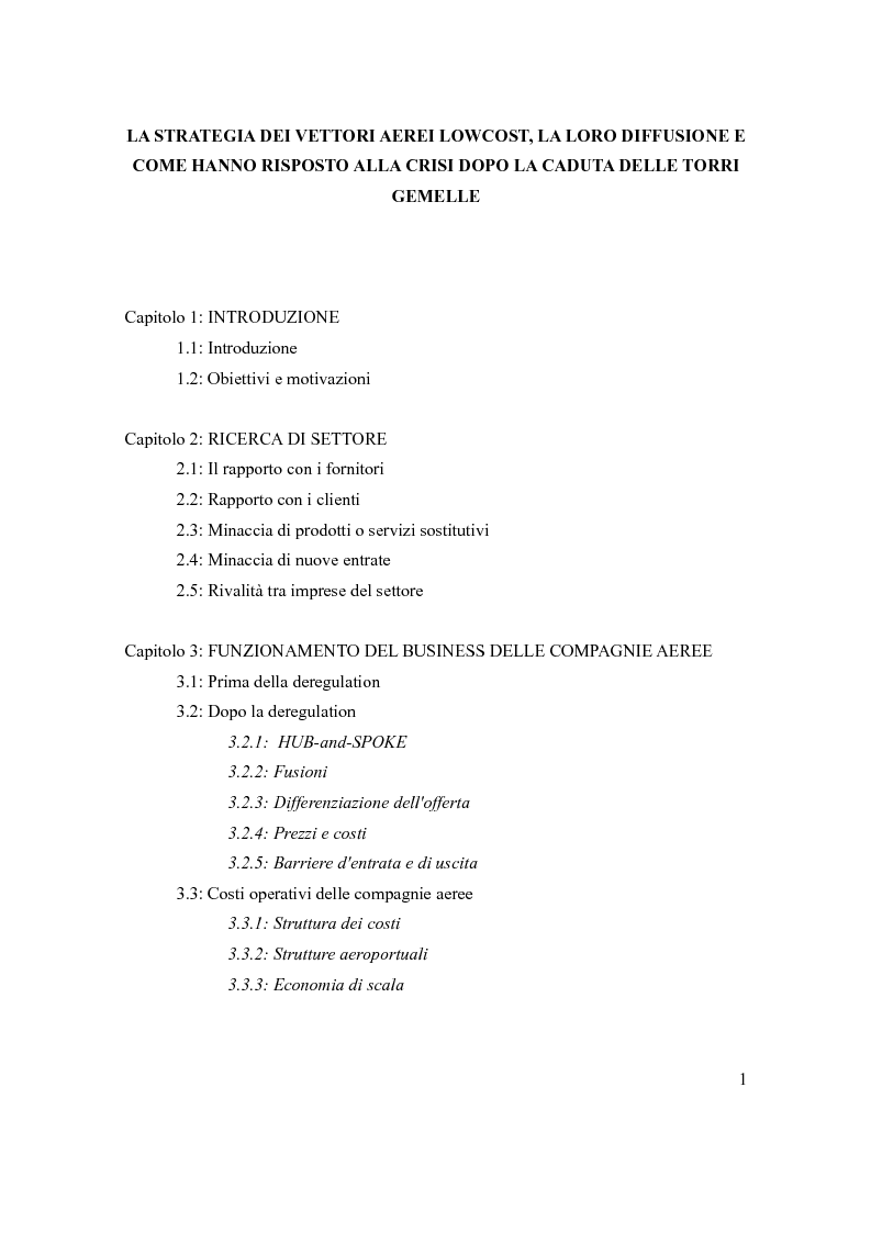 Indice della tesi: La strategia dei vettori aerei lowcost, la loro diffusione e come hanno risposto alla crisi dopo la caduta delle torri gemelle, Pagina 1