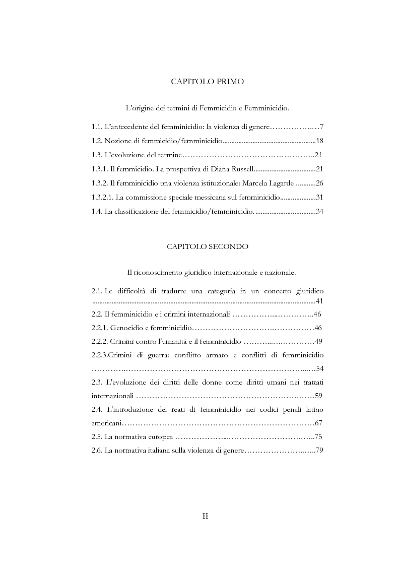 Indice della tesi: Il Femminicidio: un analisi di una forma di violenza di genere, Pagina 1