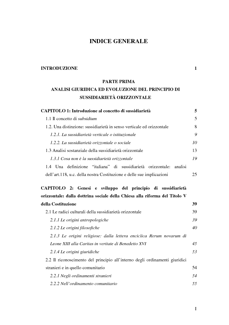Indice della tesi: La sussidiarietà orizzontale: le funzioni amministrative esercitate da enti della società civile, Pagina 1