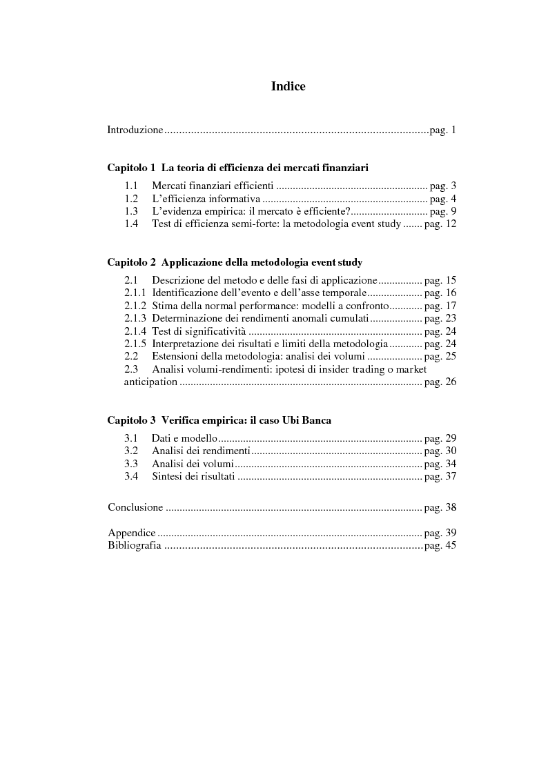 Indice della tesi: Analisi dell'efficienza del mercato: il caso Ubi Banca, Pagina 1