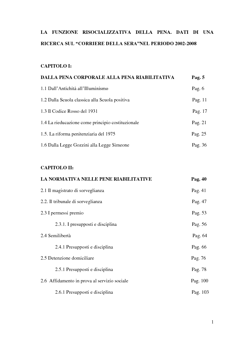 Indice della tesi: La funzione risocializzativa della pena: dati di una ricerca sul ''Corriere della sera'' nel periodo 2002-2008, Pagina 1