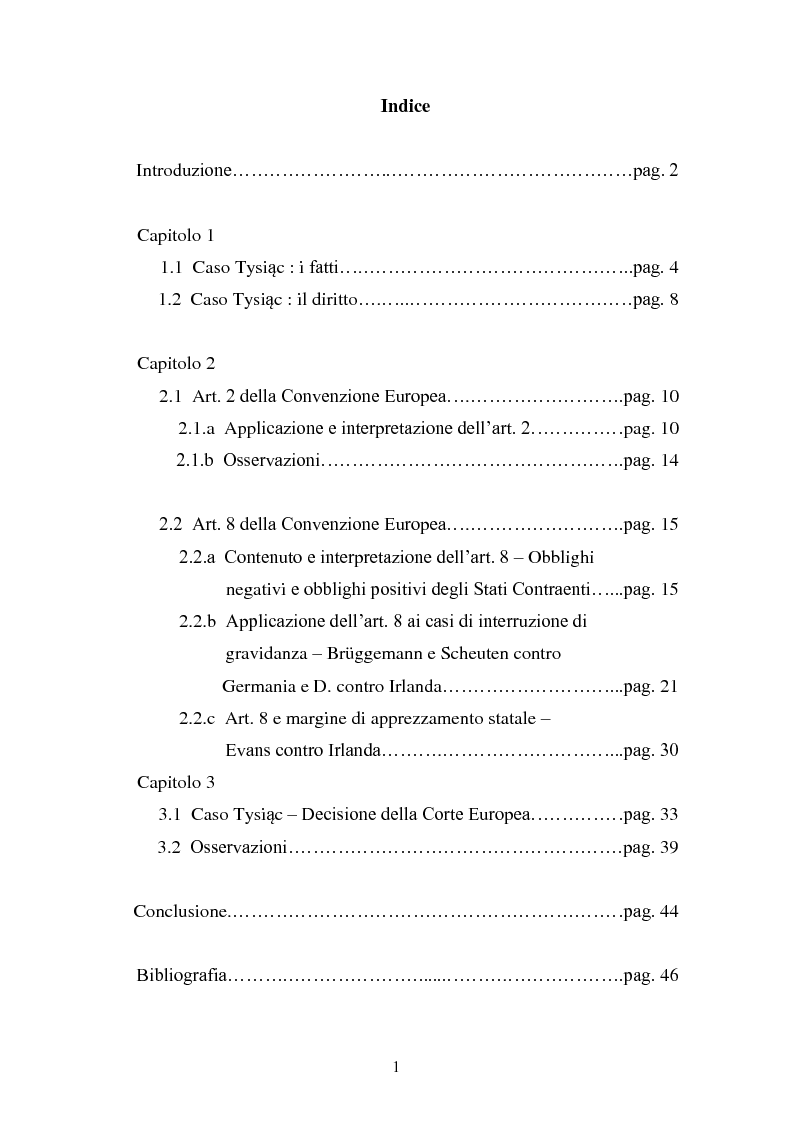 Indice della tesi: Aborto terapeutico e tutela della vita privata di fronte alla Corte Europea dei Diritti dell'Uomo, Pagina 1