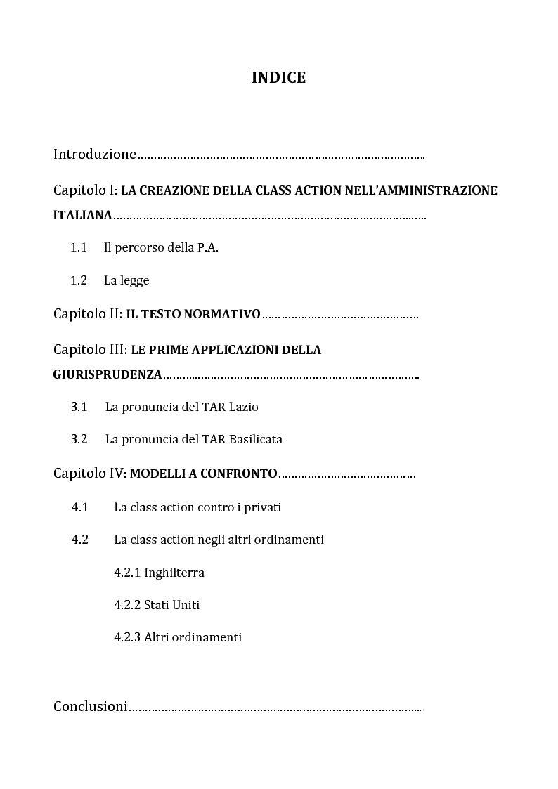 Indice della tesi: La Class Action contro la Pubblica Amministrazione, Pagina 1