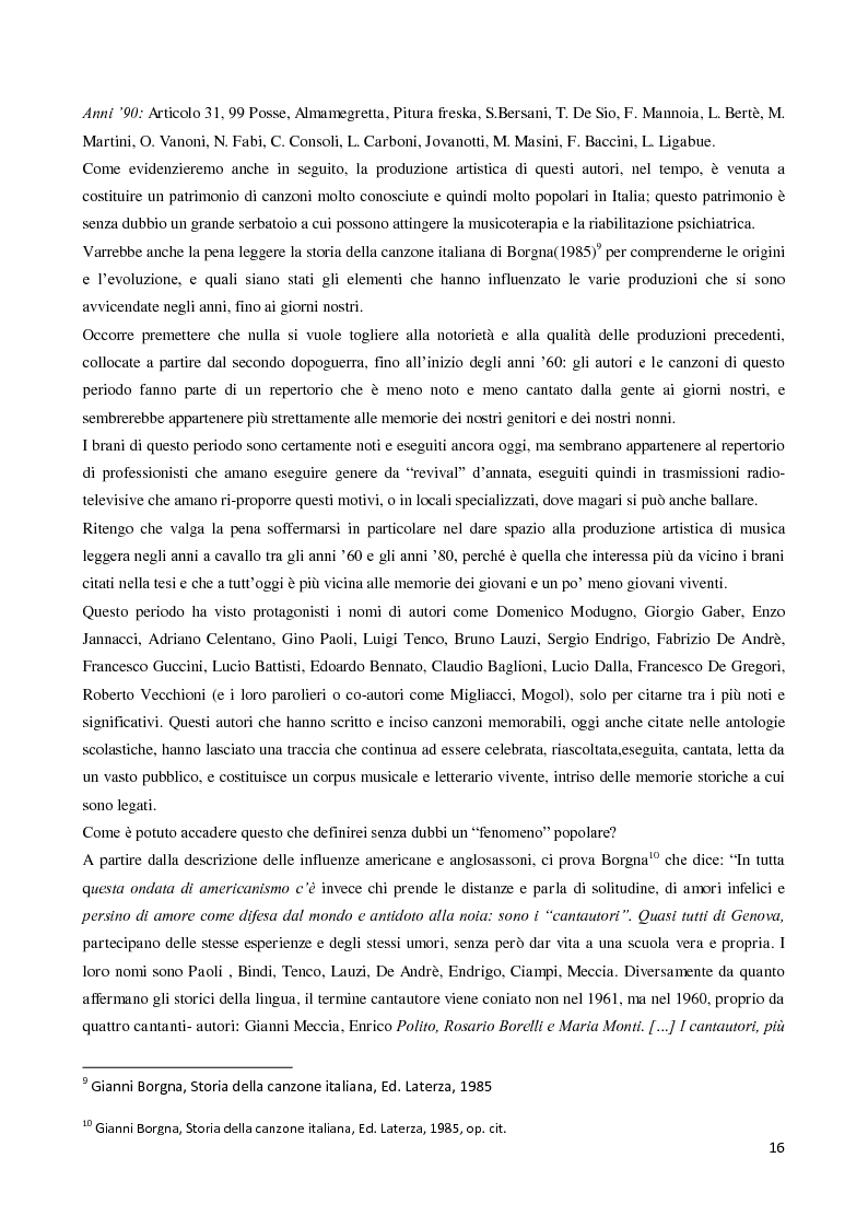 Estratto dalla tesi: La follia nella canzone popolare italiana: la musica popolare italiana come strumento di riabilitazione psichiatrica in una esperienza di tirocinio nel Centro Semiresidenziale Vincenzo Chiarugi