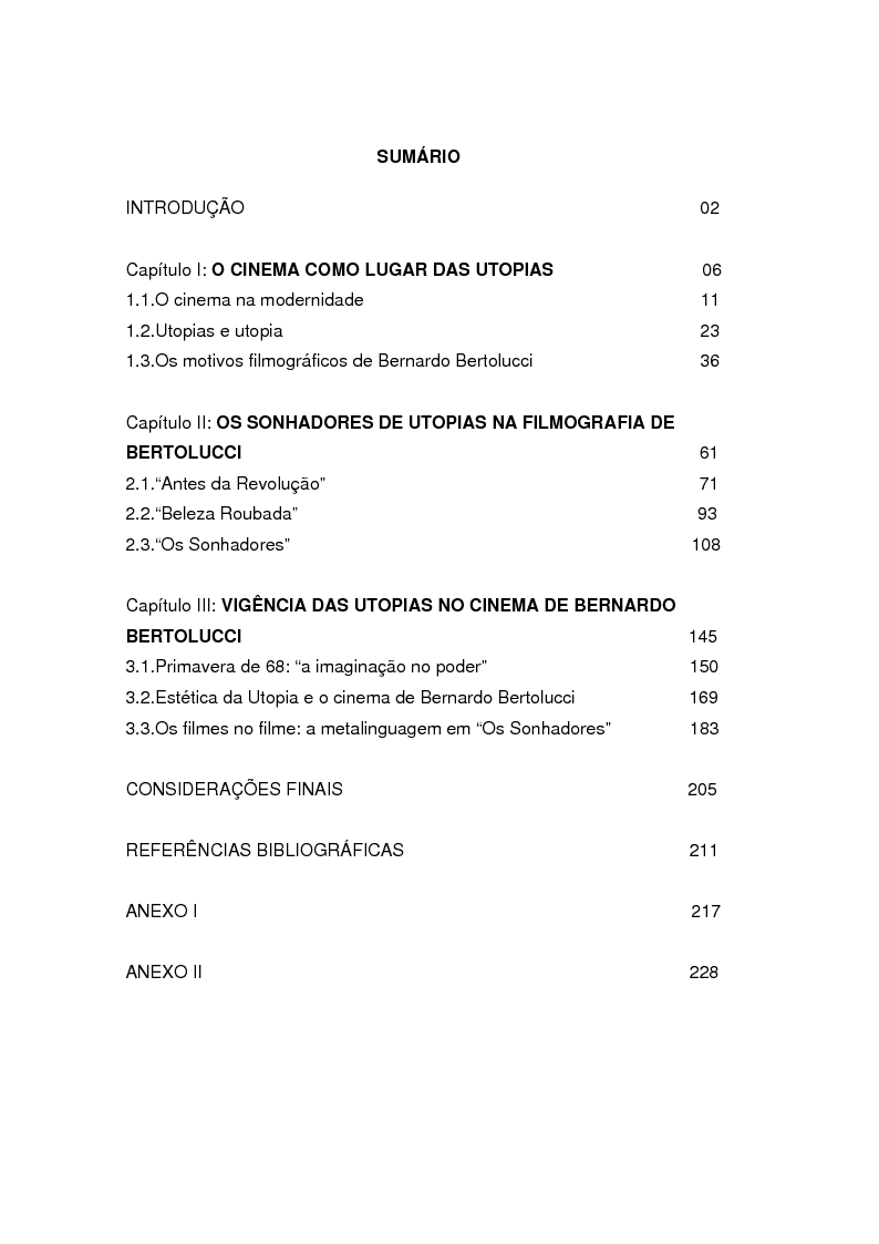 Indice della tesi: Sonhadores de Utopia no Cinema de Bernardo Bertolucci, Pagina 1