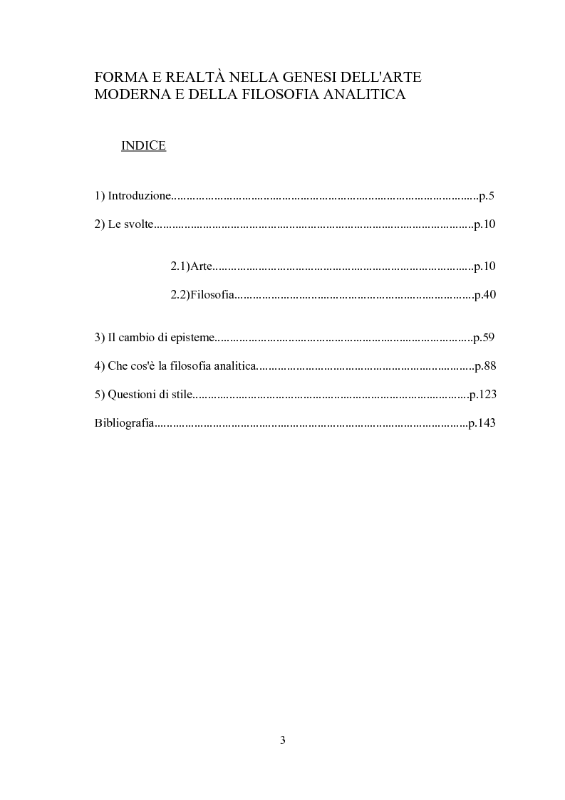 Indice della tesi: Forma e realtà nella genesi dell'arte moderna e della filosofia analitica, Pagina 1