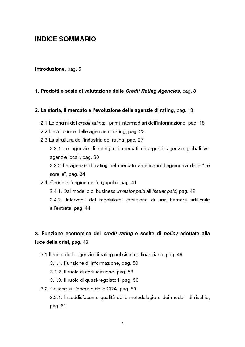Indice della tesi: Agenzie di rating: considerazioni sull'industria del credit rating e valutazioni sulla sua bontà, Pagina 1