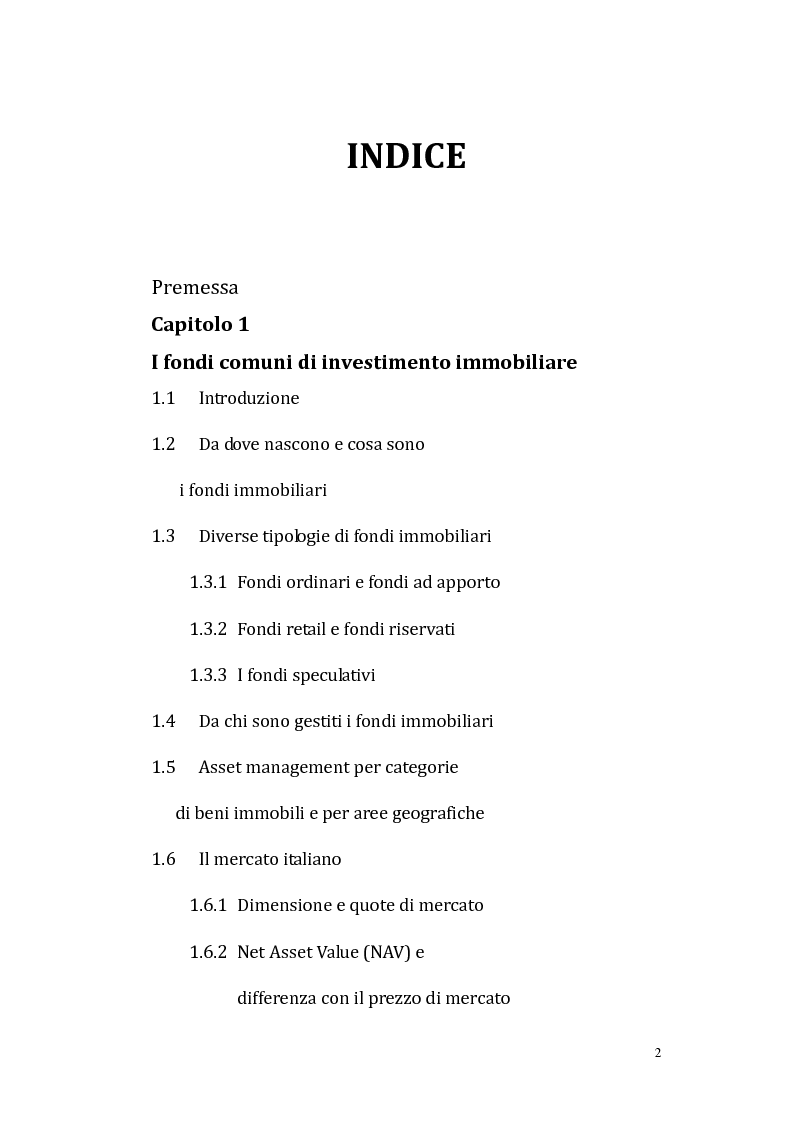 Indice della tesi: Efficienza operativa delle Sgr gestori di fondi immobiliari, Pagina 1