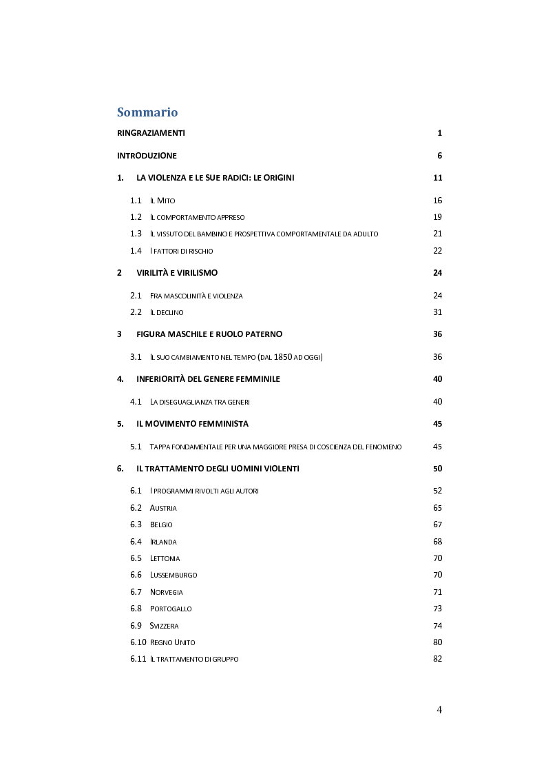 Indice della tesi: Uomini maltrattanti ed il loro approccio in Italia e in Francia, Pagina 1