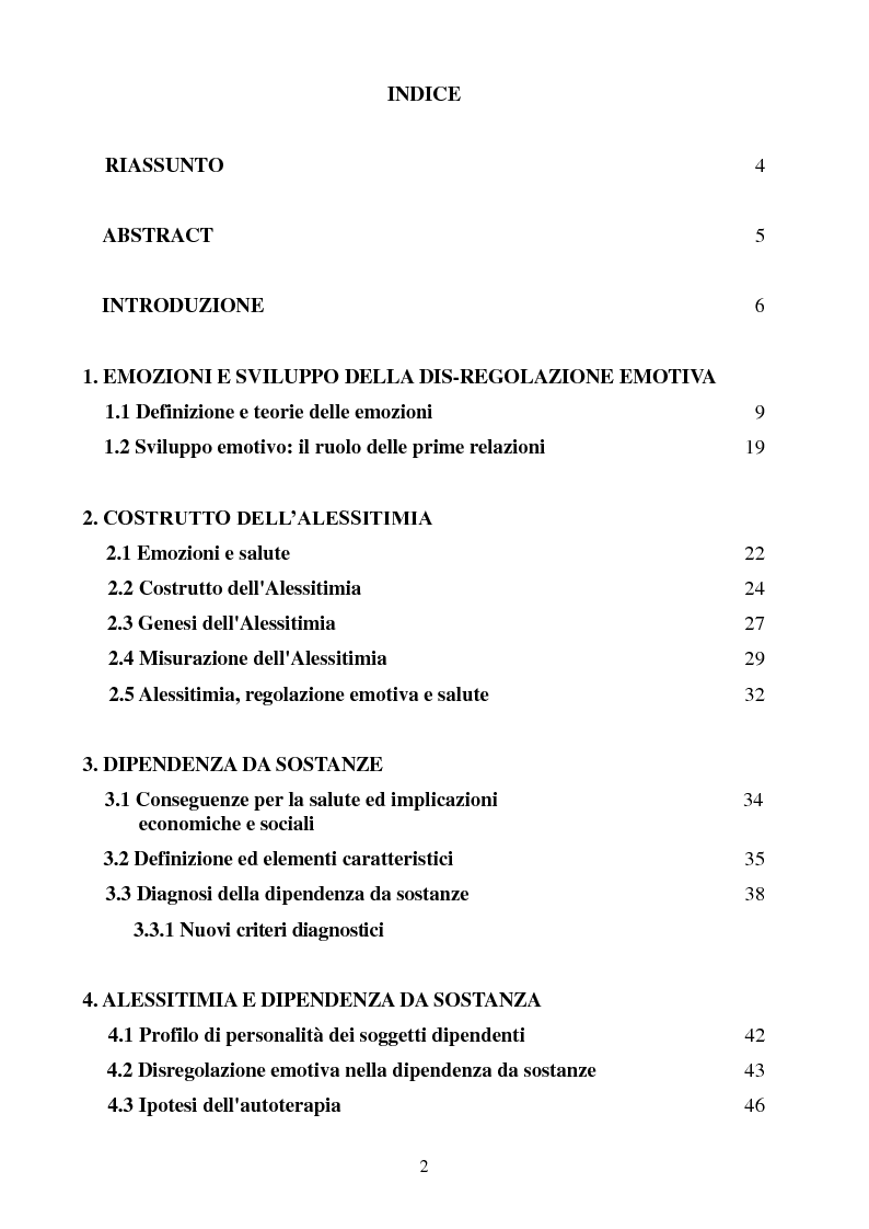 Indice della tesi: Relazioni tra alessitimia e dipendenza da sostanze, Pagina 1