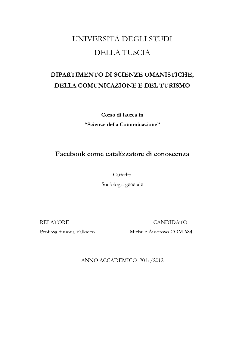 Anteprima della tesi: Facebook come catalizzatore di conoscenza, Pagina 1