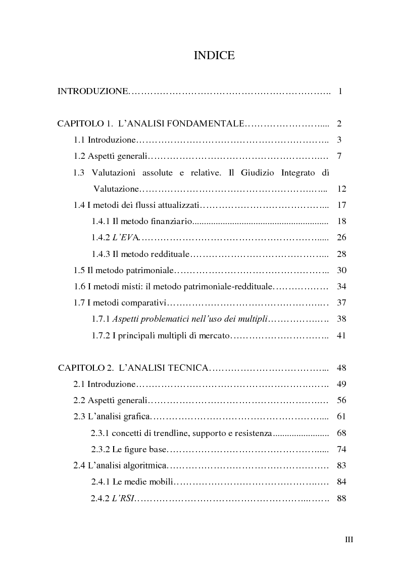 Indice della tesi: Analisi fondamentale e analisi tecnica per la valutazione dei titoli azionari, Pagina 1